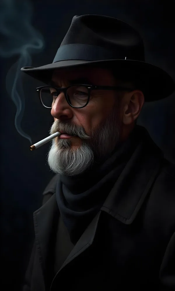 A White Man Age 35 With A Beard And Glasses Wearing A Black Hat And Scarf Smoking A Cigarette In A Dark Background 16 3f1b