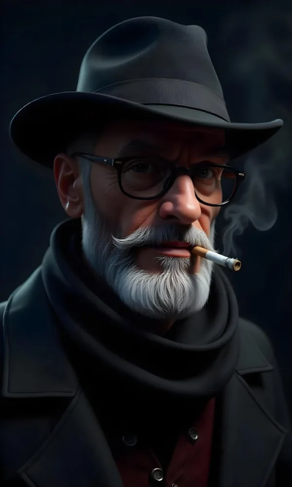 A White Man Age 35 With A Beard And Glasses Wearing A Black Hat And Scarf Smoking A Cigarette In A Dark Background 25 Ee4c