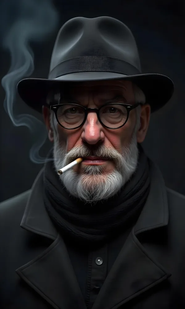A White Man Age 35 With A Beard And Glasses Wearing A Black Hat And Scarf Smoking A Cigarette In A Dark Background 28 3741
