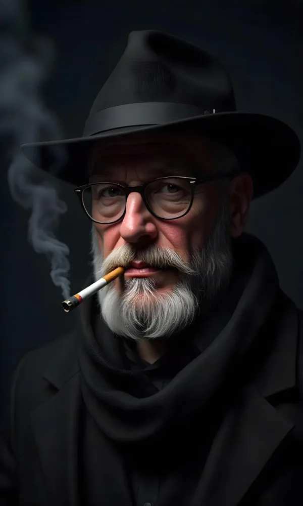A White Man Age 35 With A Beard And Glasses Wearing A Black Hat And Scarf Smoking A Cigarette In A Dark Background 30 B858