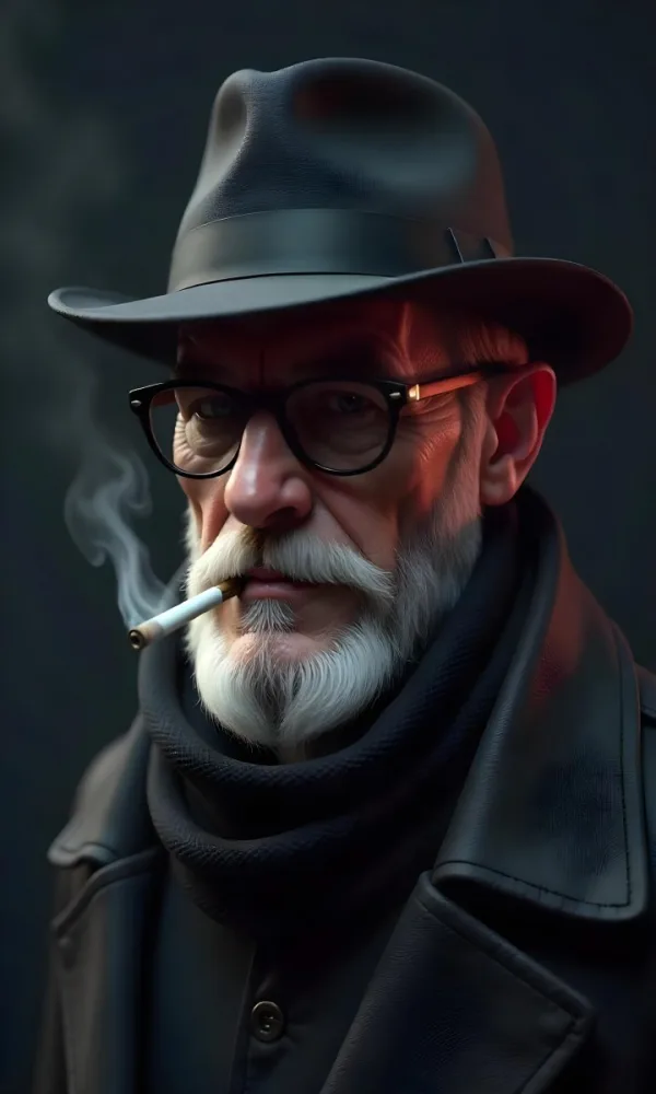 A White Man Age 35 With A Beard And Glasses Wearing A Black Hat And Scarf Smoking A Cigarette In A Dark Background 33 7ba6