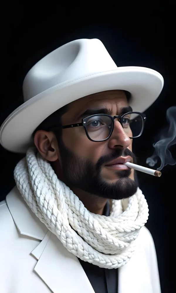 A White Man Age 35 With A Beard And Glasses Wearing A Black Hat And Scarf Smoking A Cigarette In A Dark Background 9 5bed