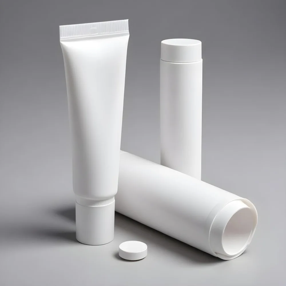 A White Plastic Tube With A Cap Placed Next To A White Box 12 5307