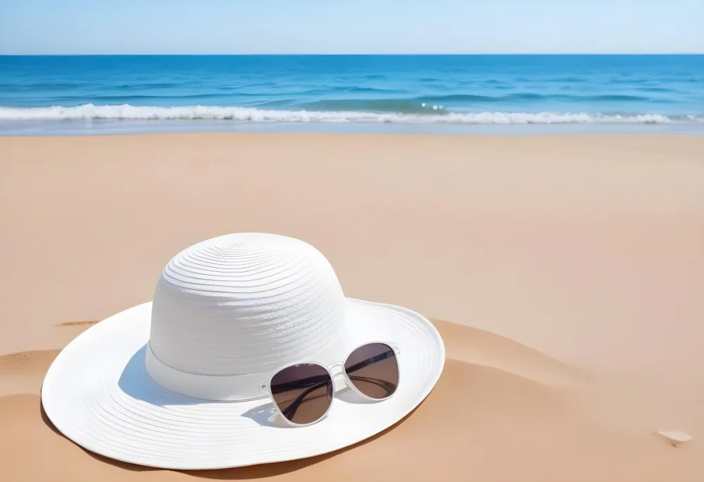 A White Sun Hat With Sunglasses On The Sand Blue Sea And Clear Sky In The Background Summer Vacation Concept Beach Scene 1 B725