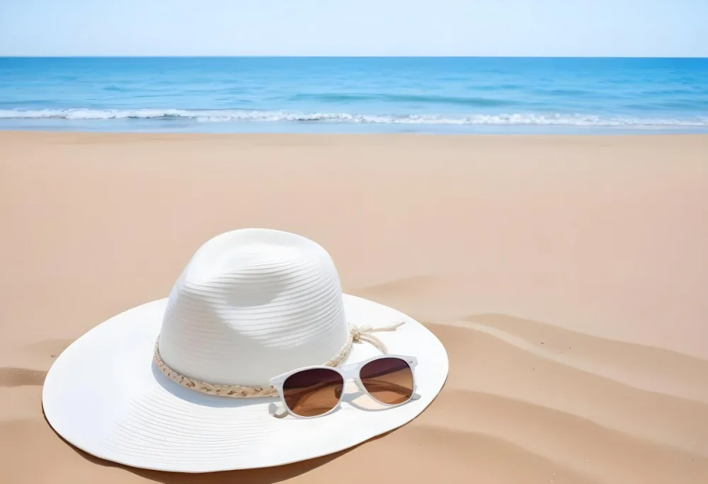 A White Sun Hat With Sunglasses On The Sand Blue Sea And Clear Sky In The Background Summer Vacation Concept Beach Scene 10 80f4