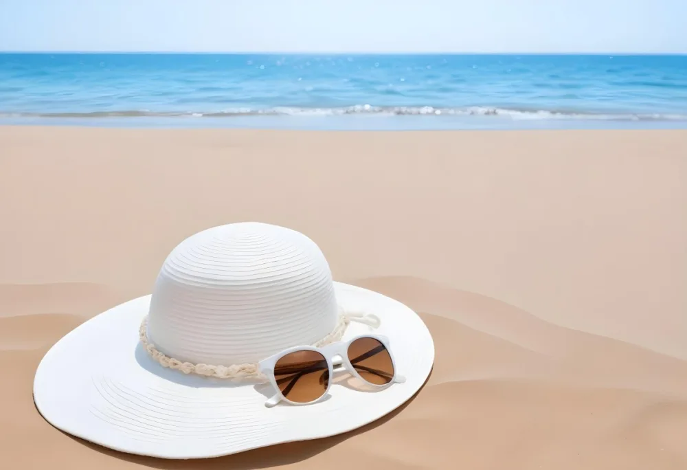 A White Sun Hat With Sunglasses On The Sand Blue Sea And Clear Sky In The Background Summer Vacation Concept Beach Scene 11 3d59