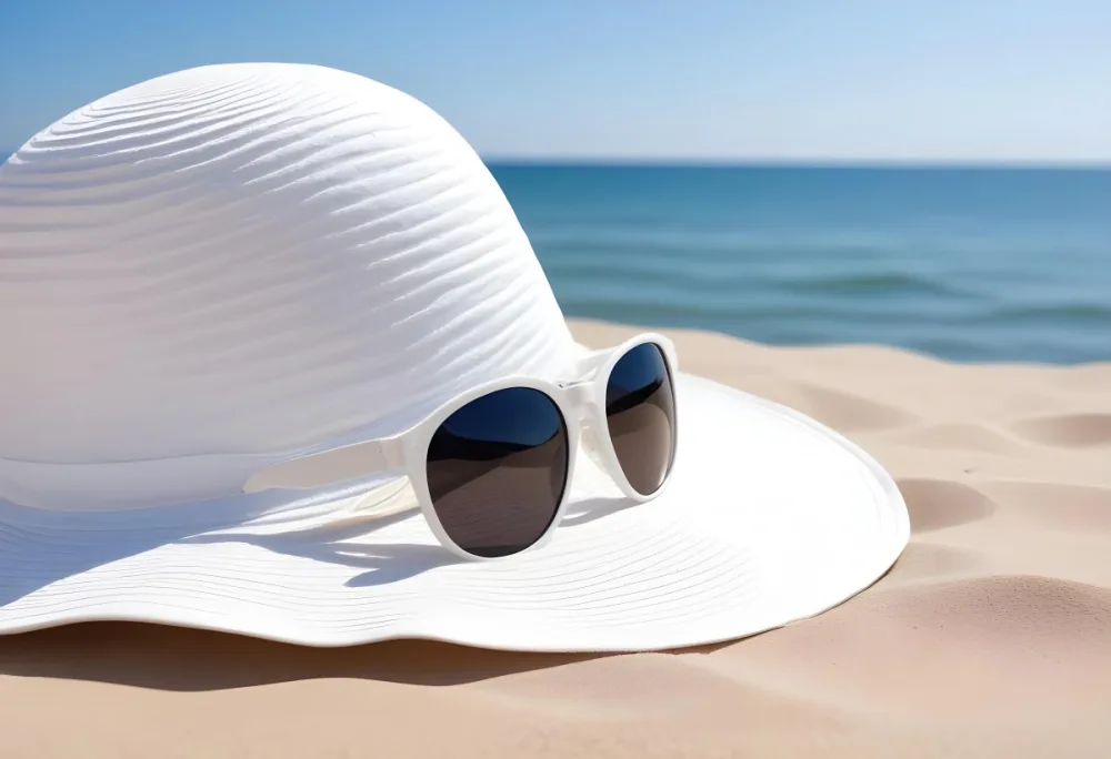 A White Sun Hat With Sunglasses On The Sand Blue Sea And Clear Sky In The Background Summer Vacation Concept Beach Scene 12 09a8