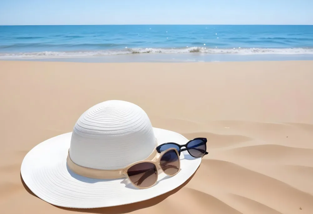 A White Sun Hat With Sunglasses On The Sand Blue Sea And Clear Sky In The Background Summer Vacation Concept Beach Scene 15 Cd06