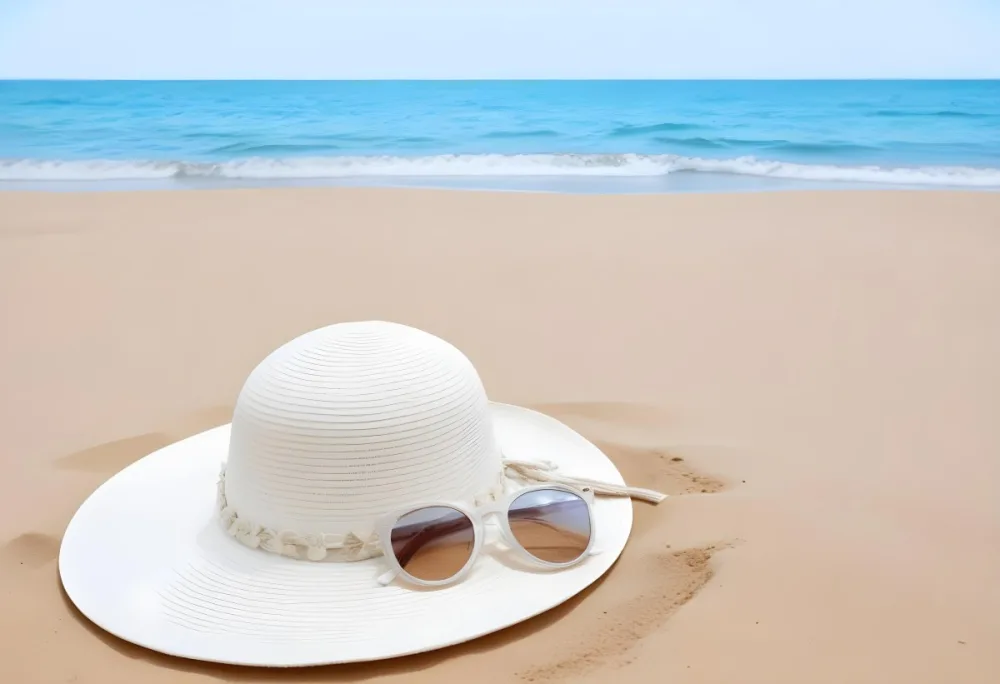 A White Sun Hat With Sunglasses On The Sand Blue Sea And Clear Sky In The Background Summer Vacation Concept Beach Scene 3 0945