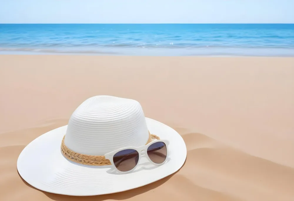 A White Sun Hat With Sunglasses On The Sand Blue Sea And Clear Sky In The Background Summer Vacation Concept Beach Scene 5 Dcdb