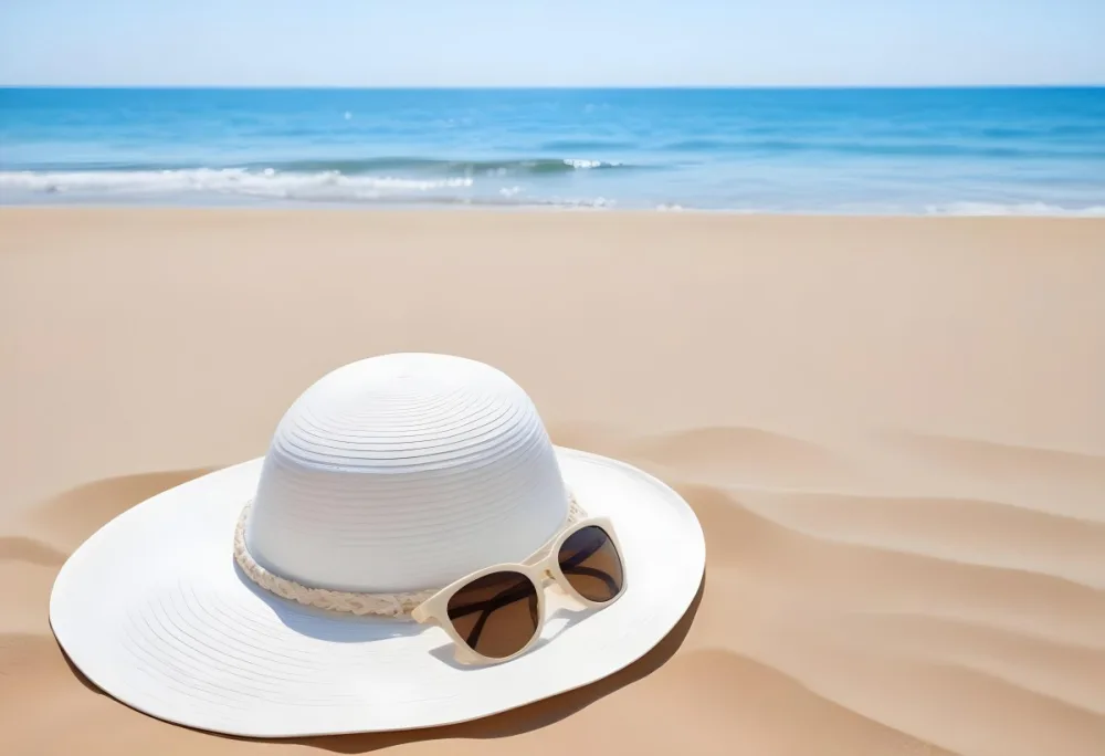 A White Sun Hat With Sunglasses On The Sand Blue Sea And Clear Sky In The Background Summer Vacation Concept Beach Scene 6 3bfd