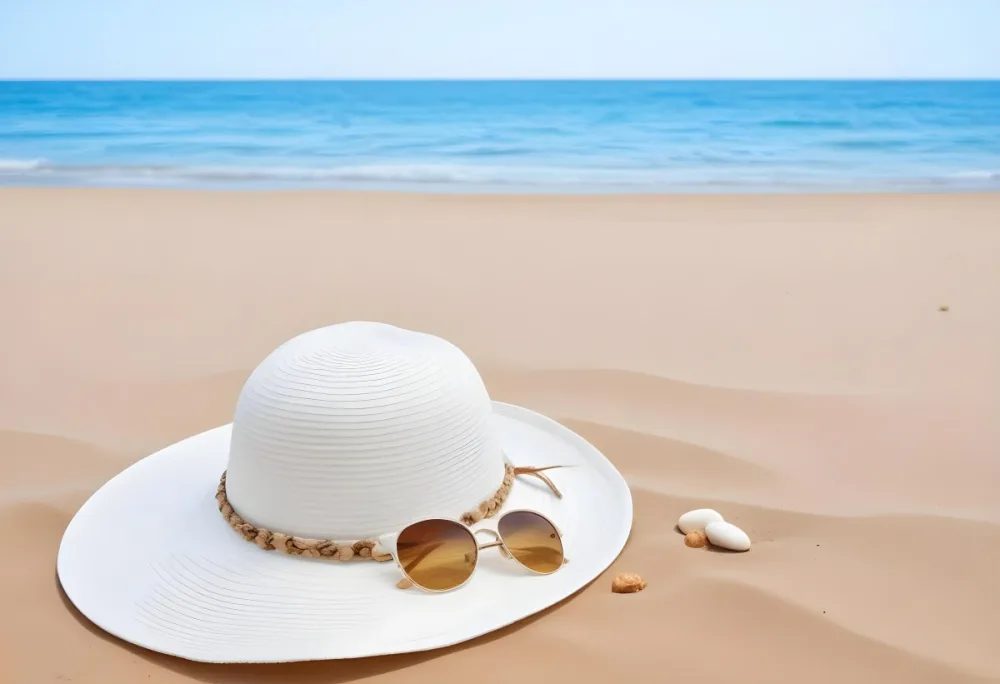 A White Sun Hat With Sunglasses On The Sand Blue Sea And Clear Sky In The Background Summer Vacation Concept Beach Scene 7 F8db