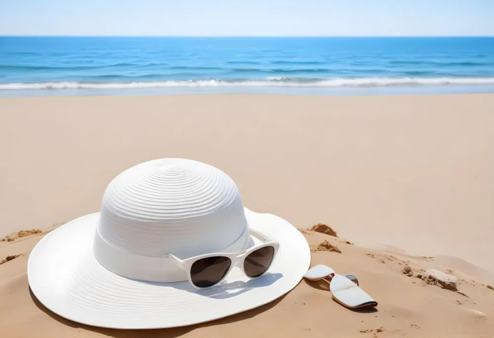 A White Sun Hat With Sunglasses On The Sand Blue Sea And Clear Sky In The Background Summer Vacation Concept Beach Scene 9 606a