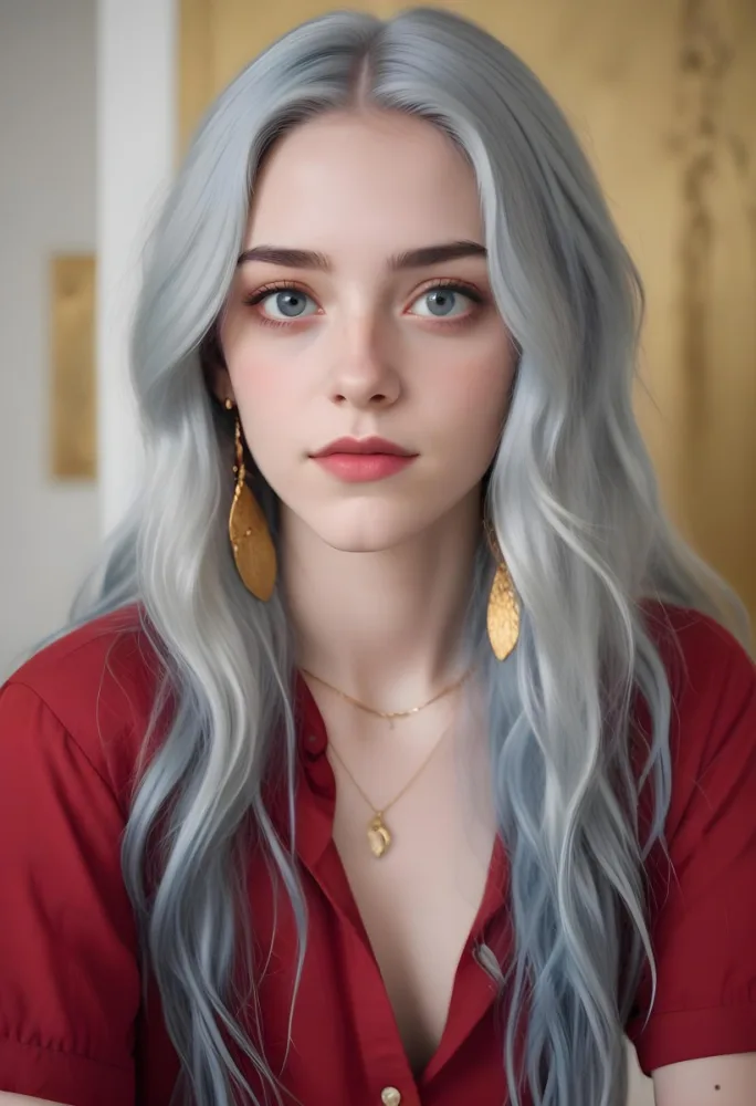 A White Woman 21 Years Old With Long Blue Hair And Red Eyes Wearing A Red Shirt And Golden Earrings In A Room With White Walls 26 05db
