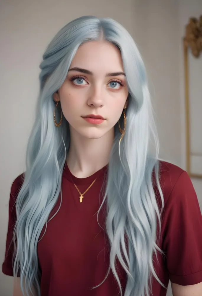 A White Woman 21 Years Old With Long Blue Hair And Red Eyes Wearing A Red Shirt And Golden Earrings In A Room With White Walls 30 8f68