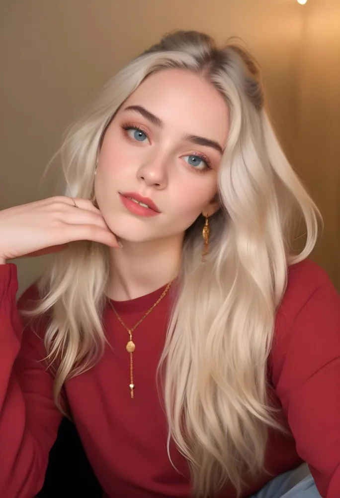 A White Woman 21 Years Old With Long Blue Hair And Red Eyes Wearing A Red Shirt And Golden Earrings In A Room With White Walls 35 Fafe