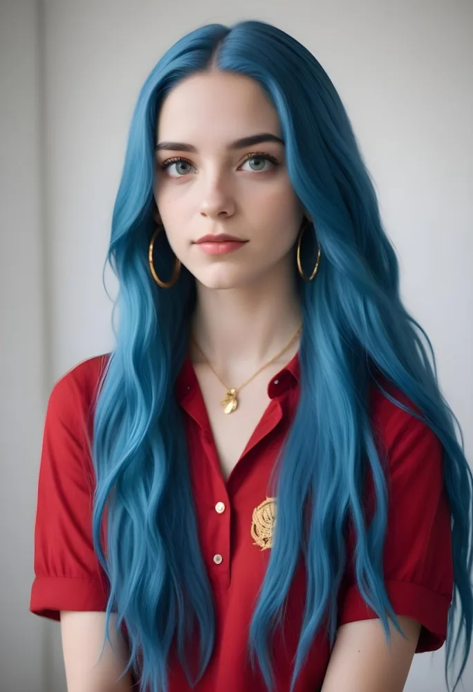 A White Woman 21 Years Old With Long Blue Hair And Red Eyes Wearing A Red Shirt And Golden Earrings In A Room With White Walls 38 943d