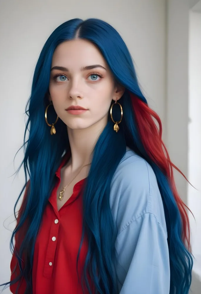 A White Woman 21 Years Old With Long Blue Hair And Red Eyes Wearing A Red Shirt And Golden Earrings In A Room With White Walls 44 Ebe0