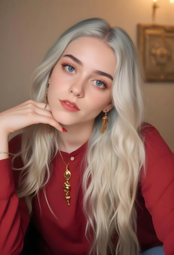 A White Woman 21 Years Old With Long Blue Hair And Red Eyes Wearing A Red Shirt And Golden Earrings In A Room With White Walls 52 43ac