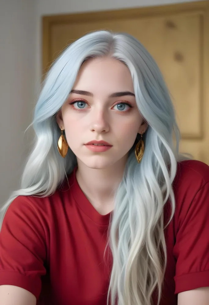 A White Woman 21 Years Old With Long Blue Hair And Red Eyes Wearing A Red Shirt And Golden Earrings In A Room With White Walls 6 4e72