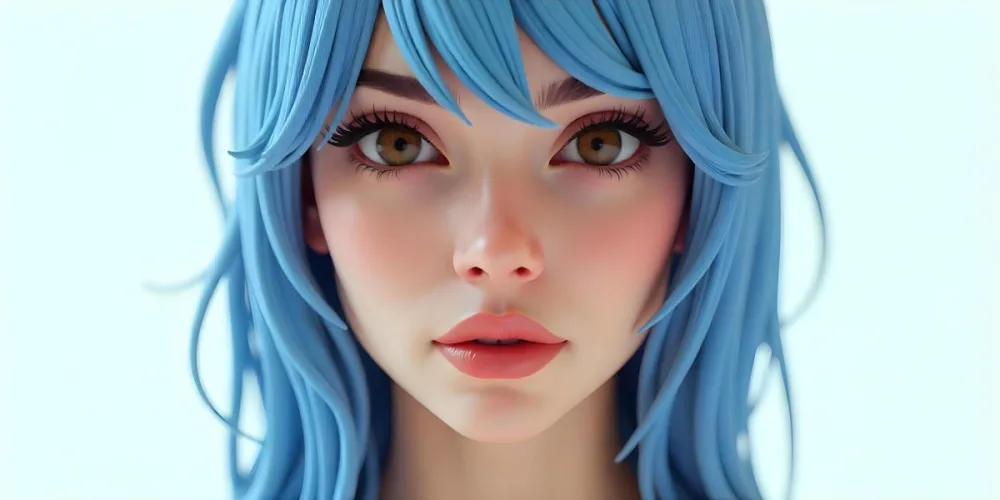 A White Woman 22 Years Old Blue Hair Brown Lips Brown Eyes In A White Background 14 4a18
