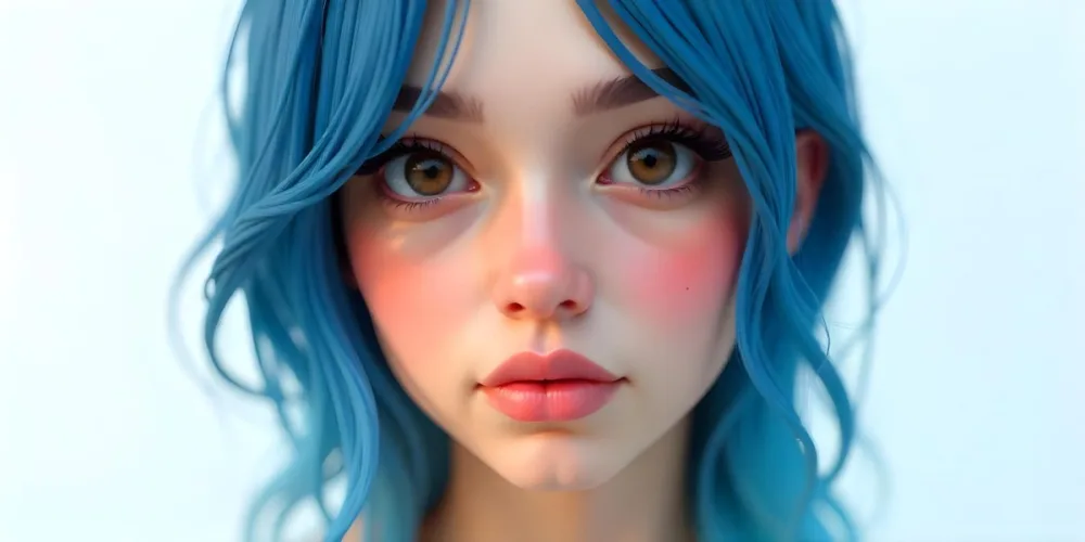 A White Woman 22 Years Old Blue Hair Brown Lips Brown Eyes In A White Background 8 8a5a