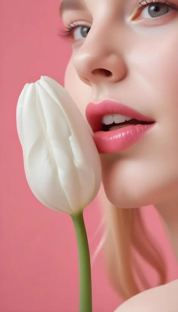 A White Woman 22 Years Old With Fair Skin And Pink Lips Next To A White Tulip In A Pink Background 42 09ce