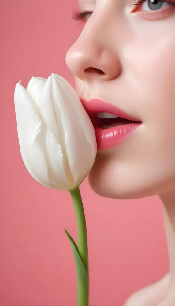 A White Woman 22 Years Old With Fair Skin And Pink Lips Next To A White Tulip In A Pink Background 49 8611