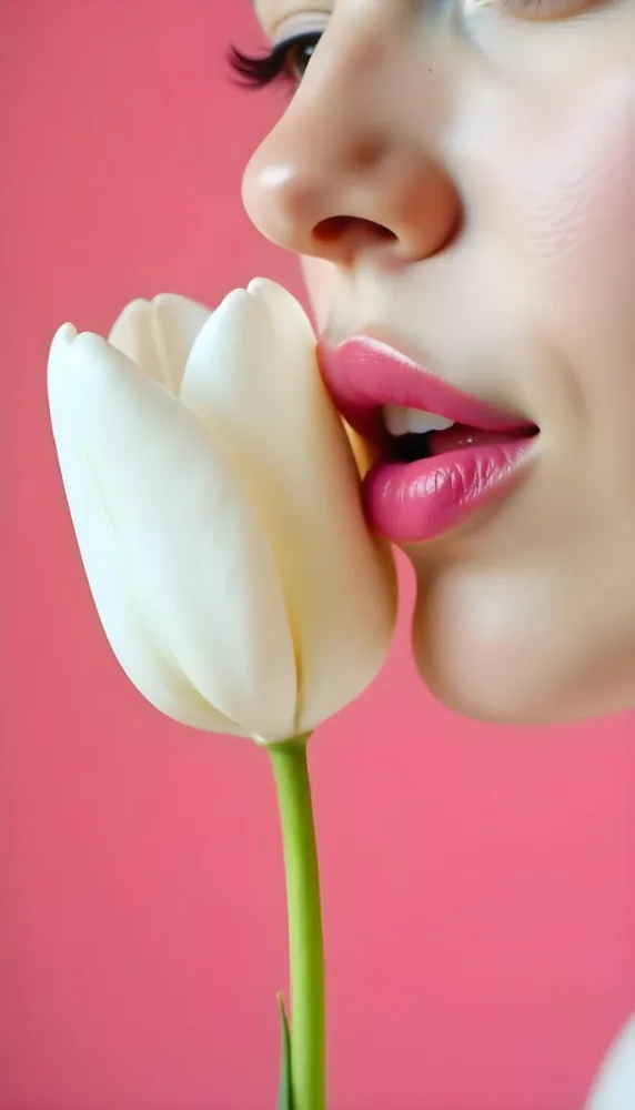 A White Woman 22 Years Old With Fair Skin And Pink Lips Next To A White Tulip In A Pink Background 49 A9f9