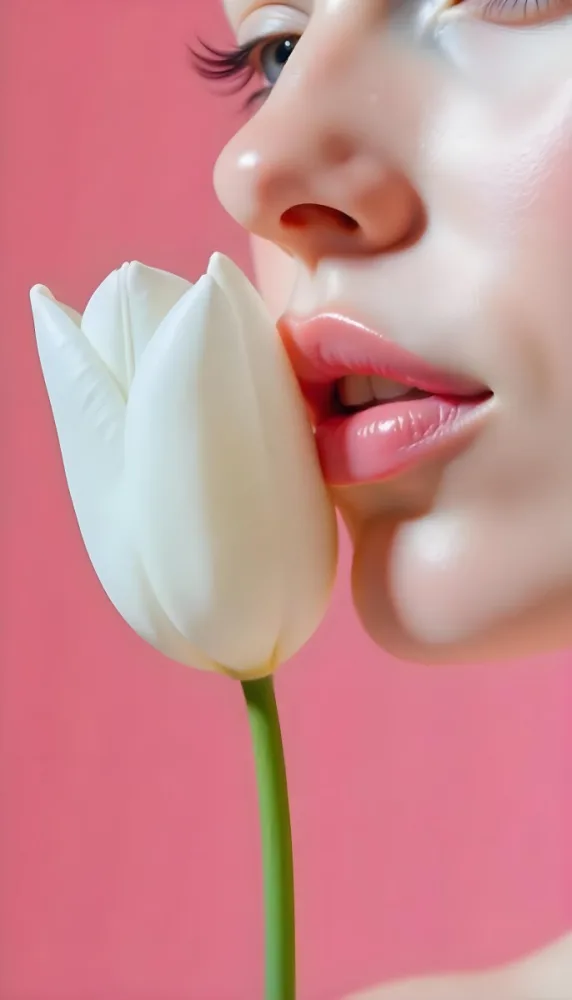 A White Woman 22 Years Old With Fair Skin And Pink Lips Next To A White Tulip In A Pink Background 5 727b