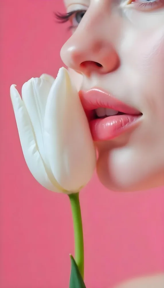 A White Woman 22 Years Old With Fair Skin And Pink Lips Next To A White Tulip In A Pink Background 54 Dc45