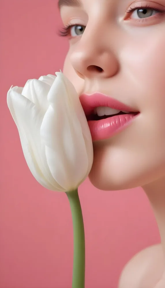 A White Woman 22 Years Old With Fair Skin And Pink Lips Next To A White Tulip In A Pink Background 63 3948
