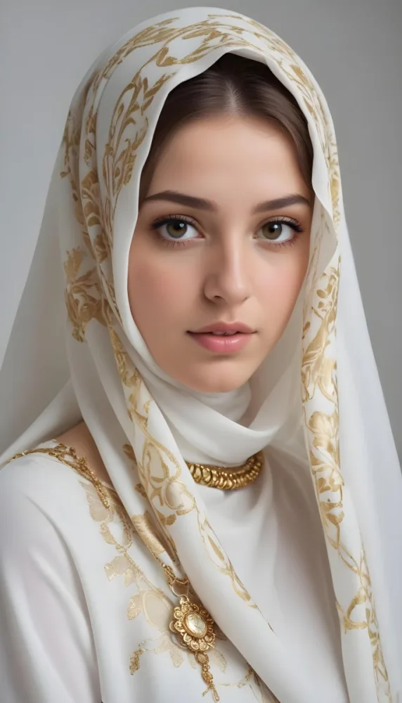 A White Woman 22 Years Old With Light Skin And Brown Hair Wearing A White And Gold Hijab And A Golden Necklace In A White Background 1 48a8