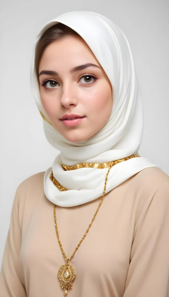 A White Woman 22 Years Old With Light Skin And Brown Hair Wearing A White And Gold Hijab And A Golden Necklace In A White Background 15 B736