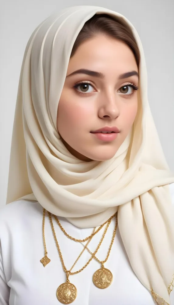 A White Woman 22 Years Old With Light Skin And Brown Hair Wearing A White And Gold Hijab And A Golden Necklace In A White Background 19 6b2b
