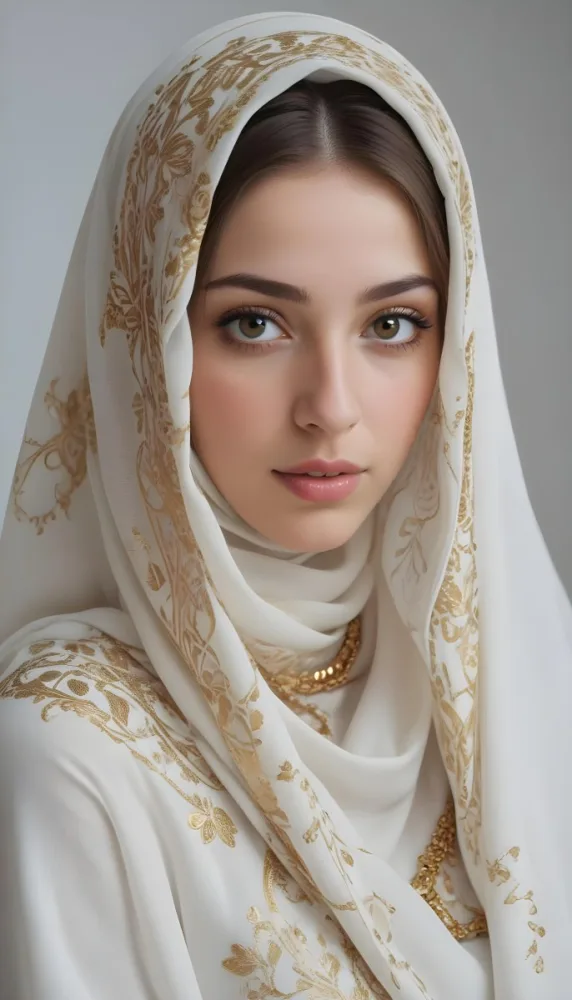 A White Woman 22 Years Old With Light Skin And Brown Hair Wearing A White And Gold Hijab And A Golden Necklace In A White Background 20 C4bb