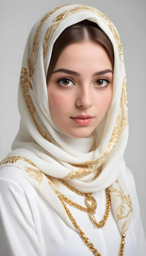 A White Woman 22 Years Old With Light Skin And Brown Hair Wearing A White And Gold Hijab And A Golden Necklace In A White Background 23 3500