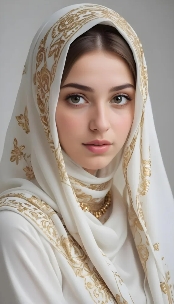 A White Woman 22 Years Old With Light Skin And Brown Hair Wearing A White And Gold Hijab And A Golden Necklace In A White Background 25 4e2d