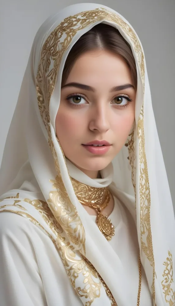A White Woman 22 Years Old With Light Skin And Brown Hair Wearing A White And Gold Hijab And A Golden Necklace In A White Background 31 Bea7