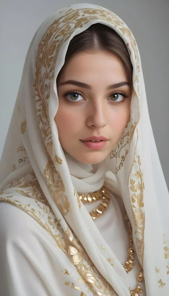 A White Woman 22 Years Old With Light Skin And Brown Hair Wearing A White And Gold Hijab And A Golden Necklace In A White Background 45 0734