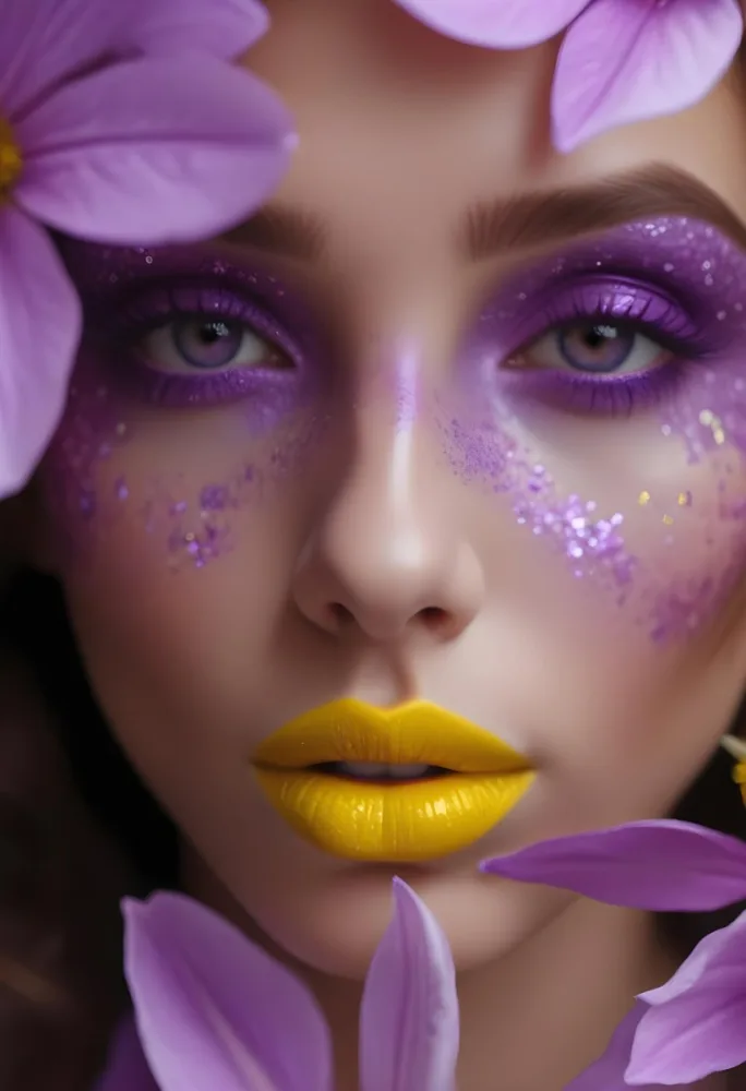 A White Woman 23 Years Old Brown Hair With Purple Glitter Makeup And Yellow Lips Surrounded By Purple Flowers 20 5198