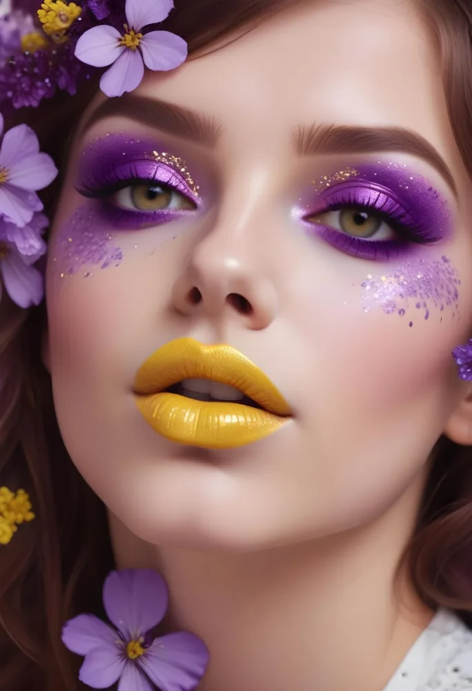 A White Woman 23 Years Old Brown Hair With Purple Glitter Makeup And Yellow Lips Surrounded By Purple Flowers 9 7df2