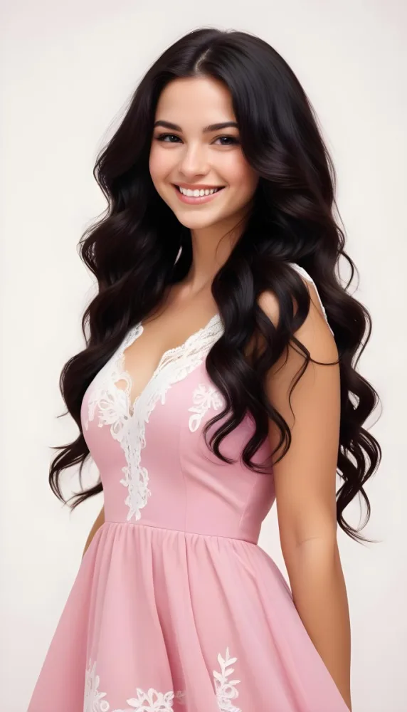 A White Woman 23 Years Old Long Wavy Black Hair White Dress With White Lace Smiling In A Pink Background 30 B0aa