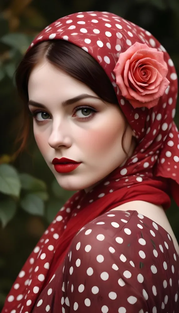 A White Woman 23 Years Old With A Red Dotted Scarf And A Red Rose On Her Head Red Lipstick Red Hair In A Garden 13 00c6