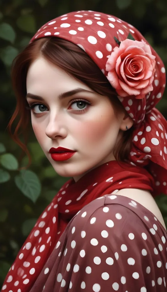 A White Woman 23 Years Old With A Red Dotted Scarf And A Red Rose On Her Head Red Lipstick Red Hair In A Garden 14 A83b