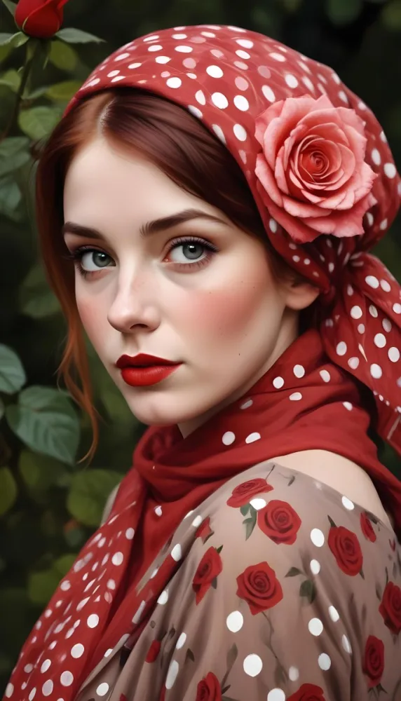 A White Woman 23 Years Old With A Red Dotted Scarf And A Red Rose On Her Head Red Lipstick Red Hair In A Garden 16 4010