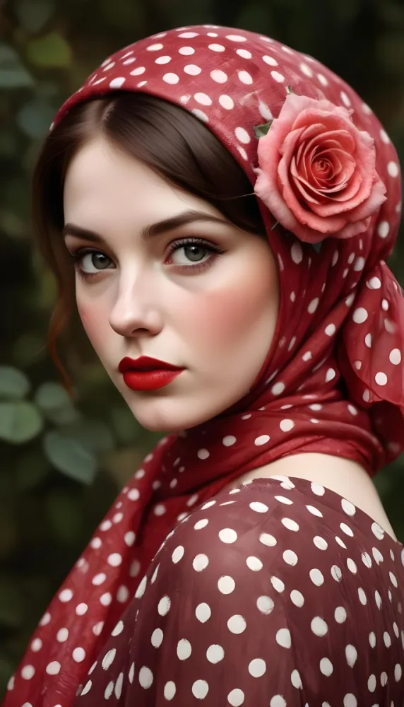 A White Woman 23 Years Old With A Red Dotted Scarf And A Red Rose On Her Head Red Lipstick Red Hair In A Garden 20 Dbbe