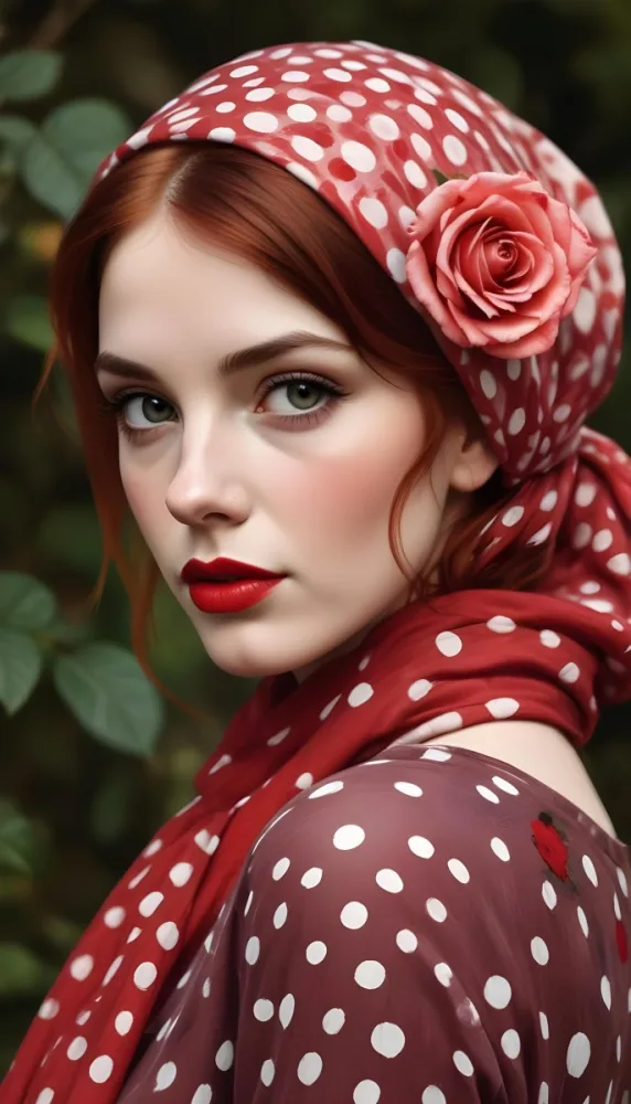 A White Woman 23 Years Old With A Red Dotted Scarf And A Red Rose On Her Head Red Lipstick Red Hair In A Garden 23 07a7