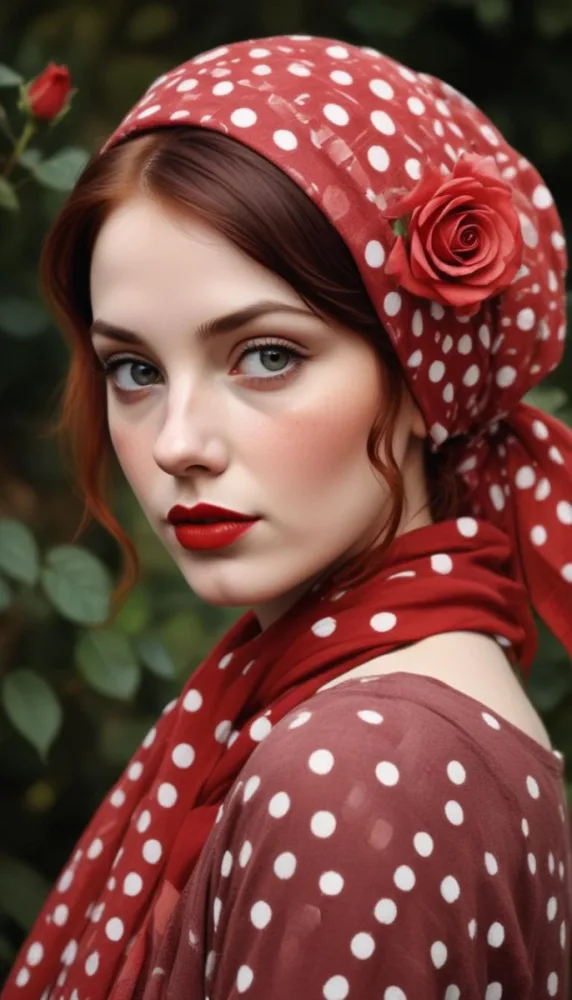 A White Woman 23 Years Old With A Red Dotted Scarf And A Red Rose On Her Head Red Lipstick Red Hair In A Garden 29 3cb9