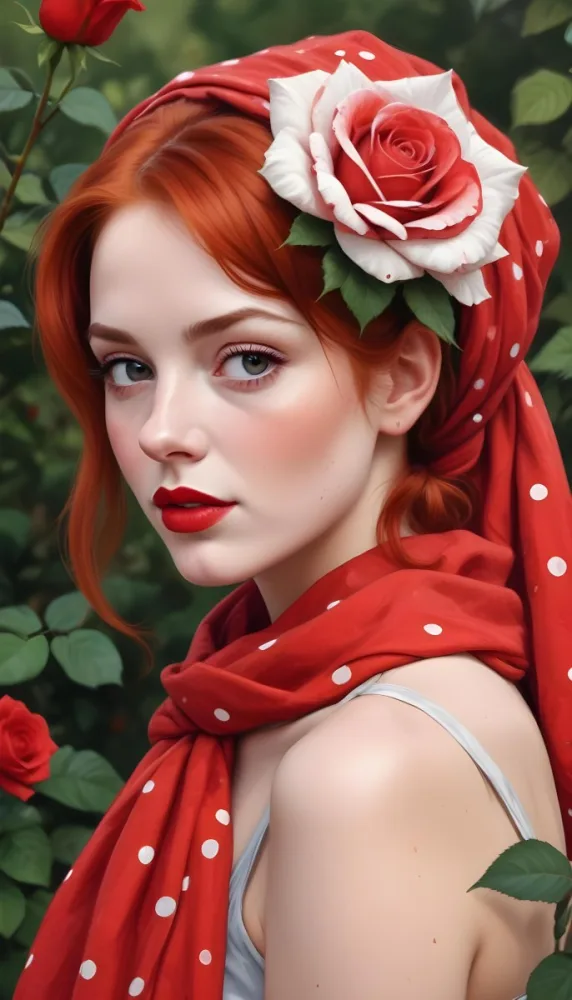 A White Woman 23 Years Old With A Red Dotted Scarf And A Red Rose On Her Head Red Lipstick Red Hair In A Garden 4 2fb4